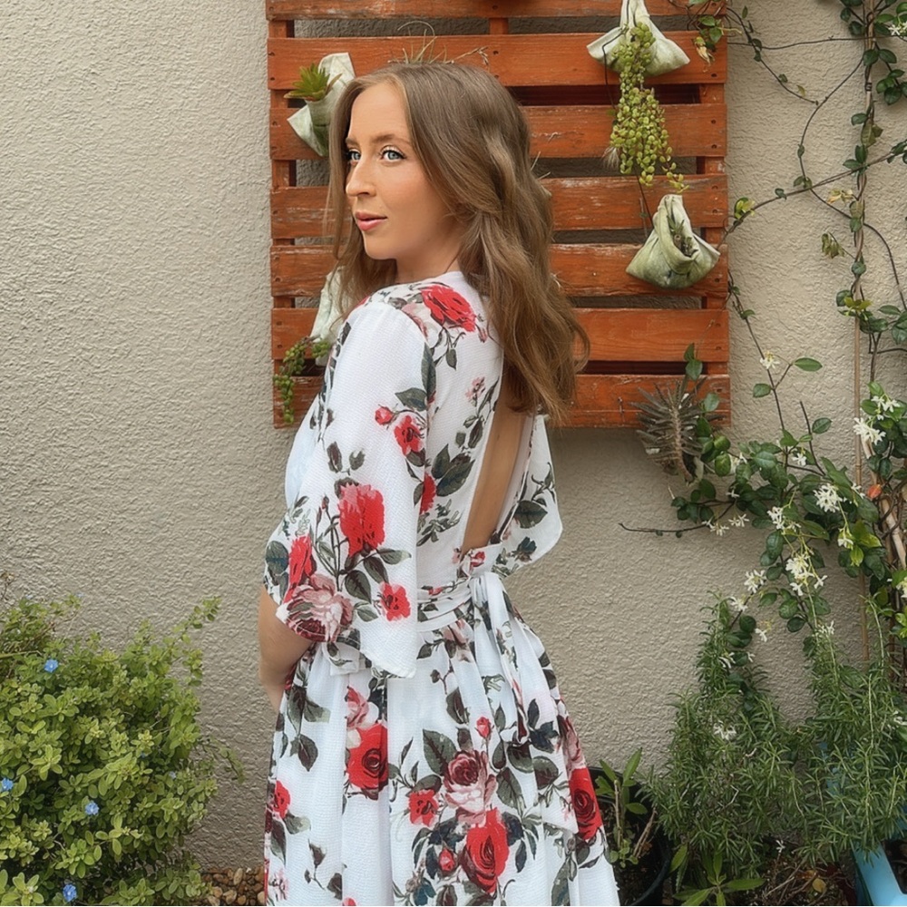 White Floral Jumpsuit w/ Open Back Detail